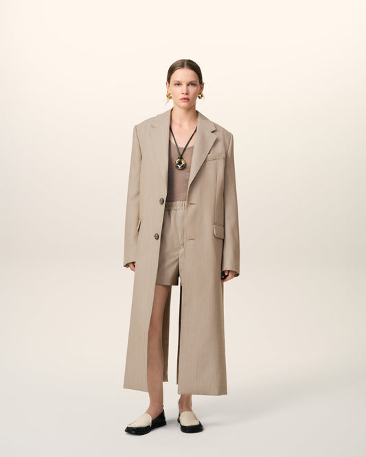 Beige Wool Back Slit Long Coat