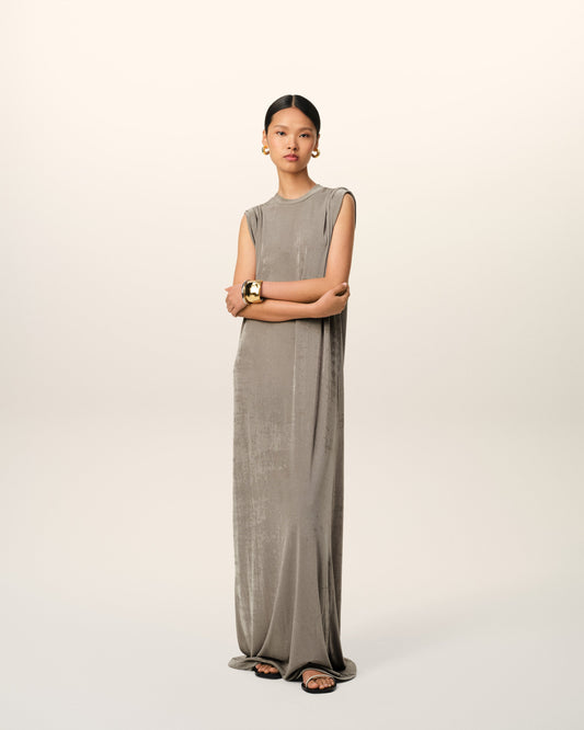 Beige Rib Jersey Short Sleeve Long Dress
