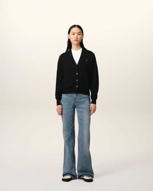 Black Wool Red Ami de Coeur Cardigan