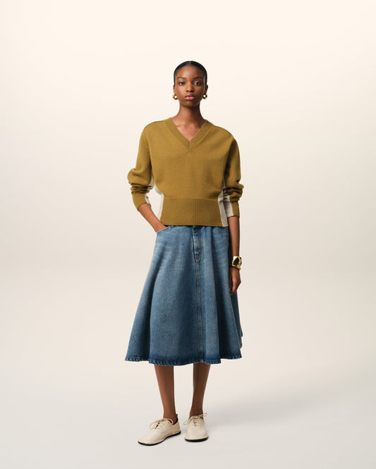 Khaki Wool Knit Bicolor V Neck Sweater