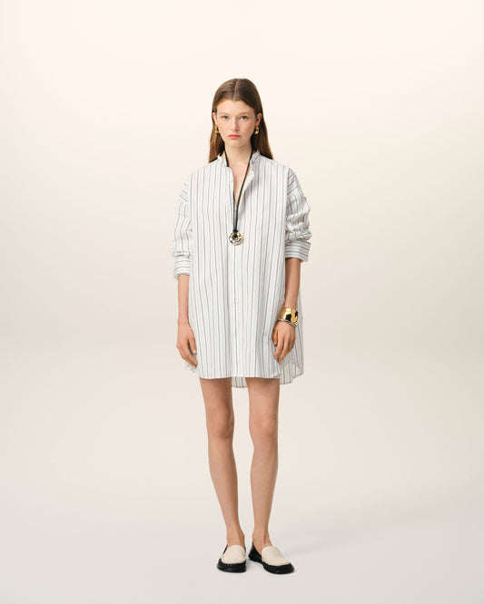 White And Blue Cotton Wingtip Collar Oversized Shirt