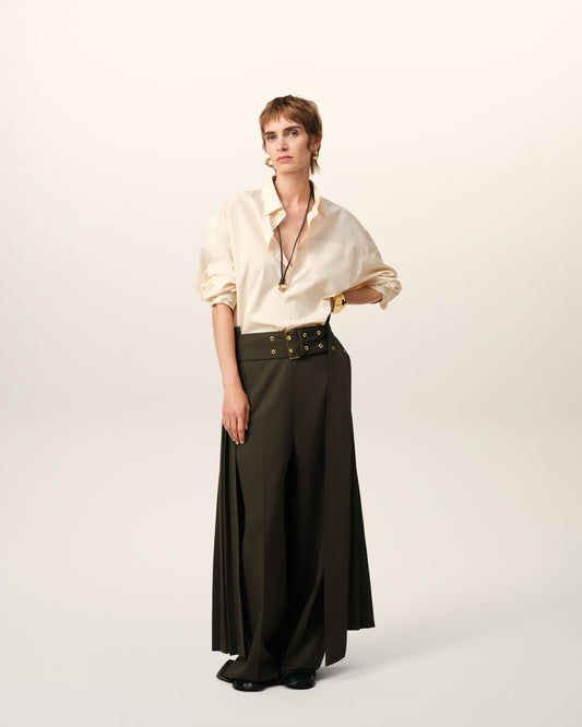 Green Wool Twill Belted Pleated Skirt
