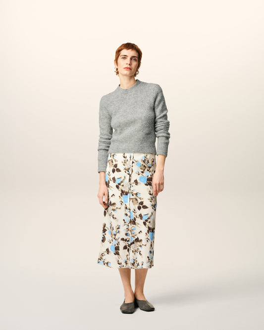 Blue Flower Printed  Raw Edges Details Midi Skirt