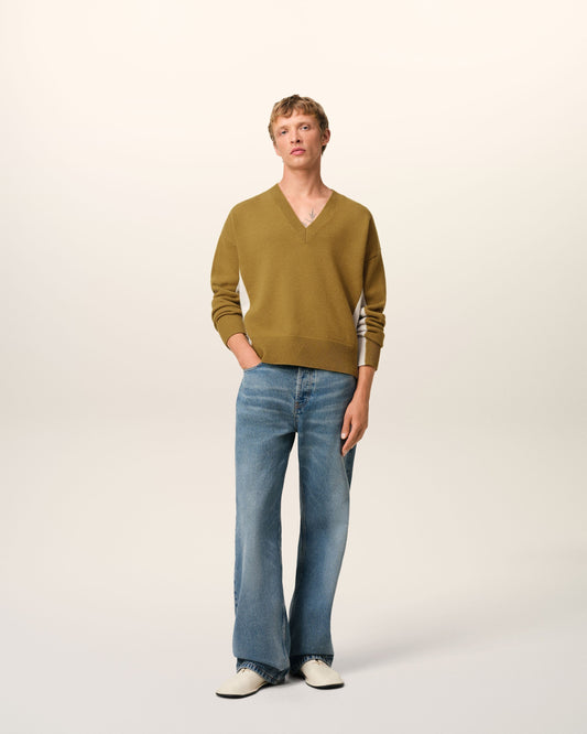 Khaki Wool Knit Bicolor V Neck Sweater