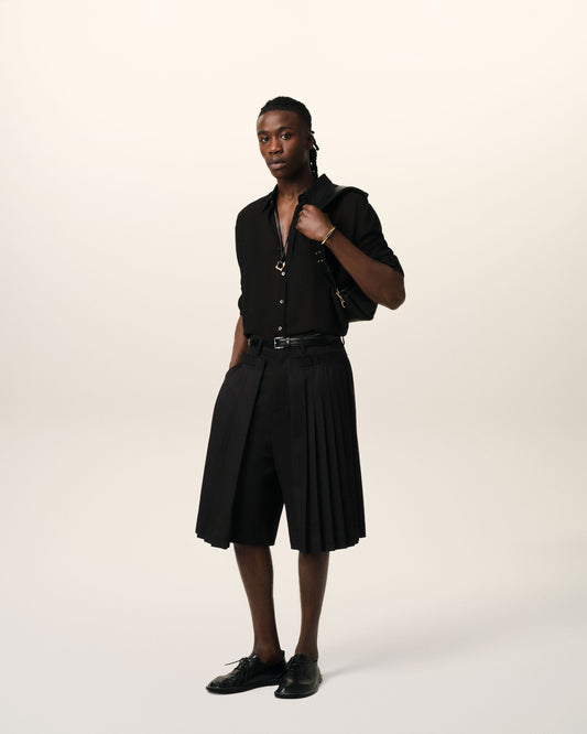 Black Wool Pleated Bermuda