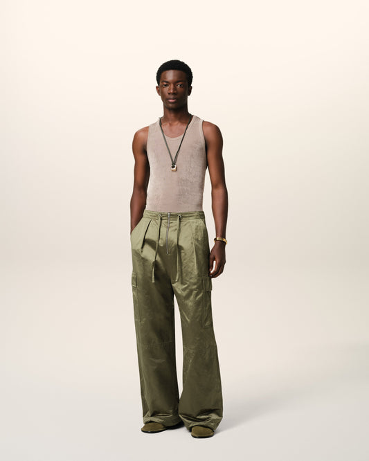 Green Cotton Satin Zipped Cargo Trousers
