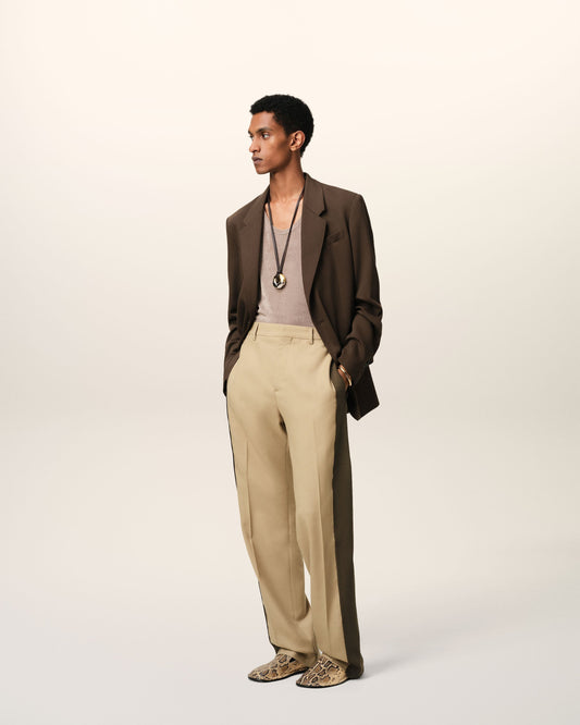 Beige Wool Contrasted Band Straight Trousers