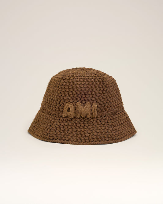 Brown Cotton Knitted Ami Patch Bucket Hat