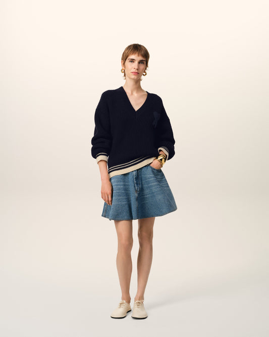 Navy Wool Ribbed V Neck Sweater