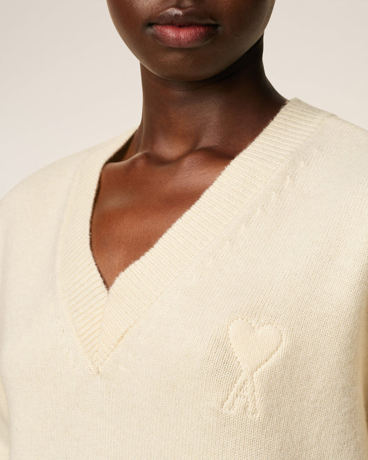 White Wool Ami De Coeur V Neck Sweater