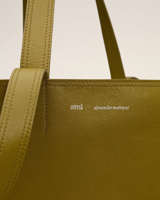 Khaki Leather Midi Tote Bag