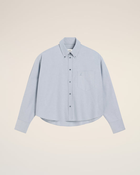 Blue Cotton Button-Down Cropped Oversized Shirt