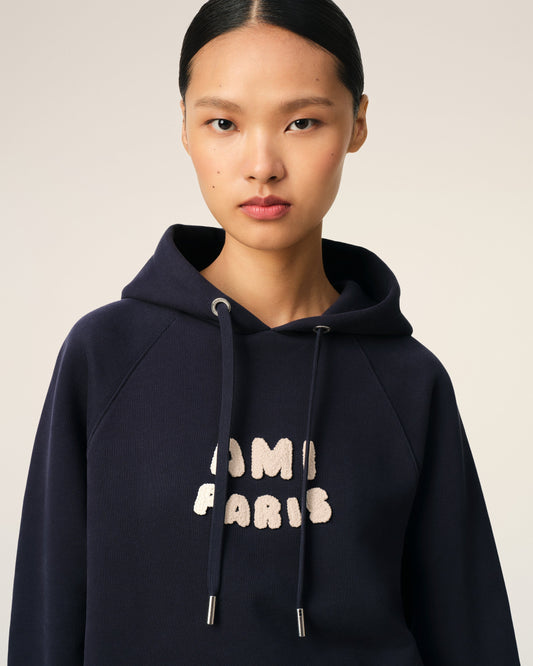 Navy Cotton Hoodie With Ami Paris Patch